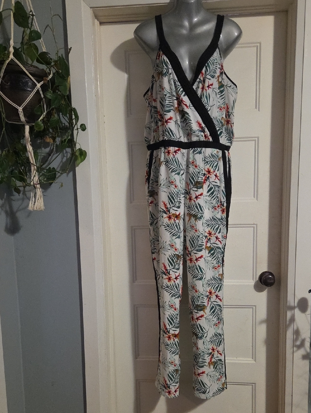 DR2 Cream Floral Wrap Jumpsuit with Black Trim
